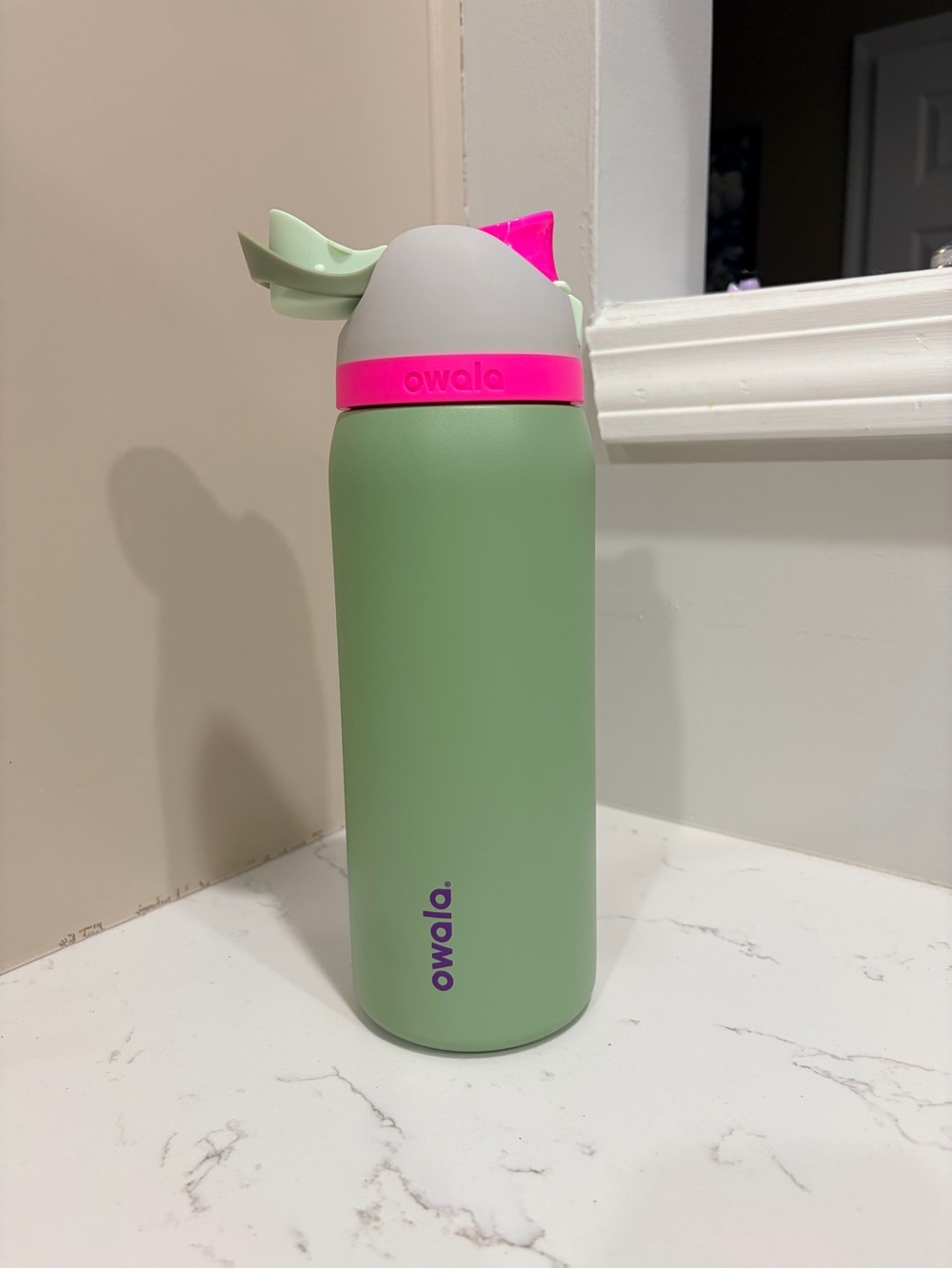 Owalo Sage Green Insulated Bottle with Pink Accent